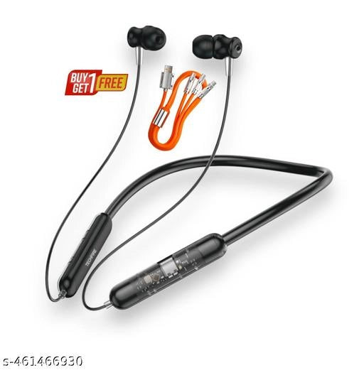 Wireless Bluetooth Neckband With 3 In 1 Charging Cable (Black & Orange, Set of 2)