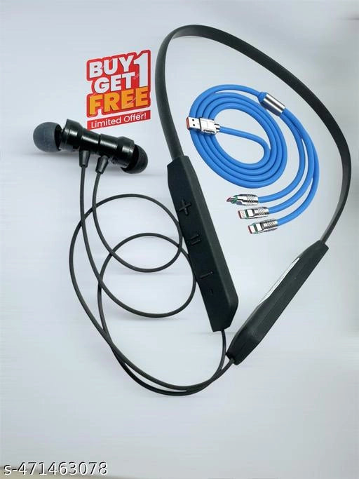Wireless Bluetooth Neckband With 3 In 1 Charging Cable (Black & Blue, Set of 2)
