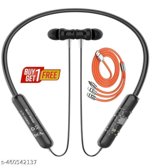 Wireless Bluetooth Neckband With 3 In 1 Charging Cable (Black & Orange, Set of 2)